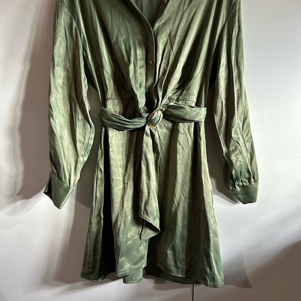 {VGUC} $89 ZARA Khaki Green Satin Belted Mini Shirt Dress - Picture 5 of 11